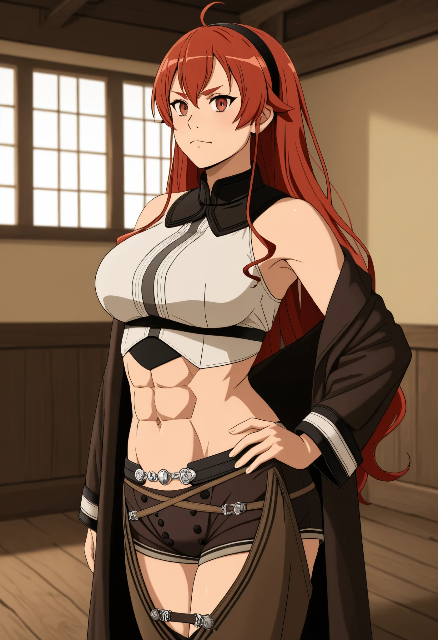 mushoku tensei style, anime coloring, 1girl, solo, long hair, red hair, open eyes, badass, hairband, indoors, black hairband, Eris Greyrat,sysdeep_eris,best quality, highres, absurdres, masterpiece, Adult_Eris, 1girl, mature woman , tall girl,red_hair, solo, long_hair, breasts, a large_breasts, red_eyes, brown_chaps, brown_shorts, navel, hairband, brown_coat_white_fur, midriff, hand_on_hip, inner_thighs, badass, smile, abs , animescanthick eyebrows, bare shoulders, bangs, closed mouth, window, hair between eyes, frown, ((masterpiece))  abs