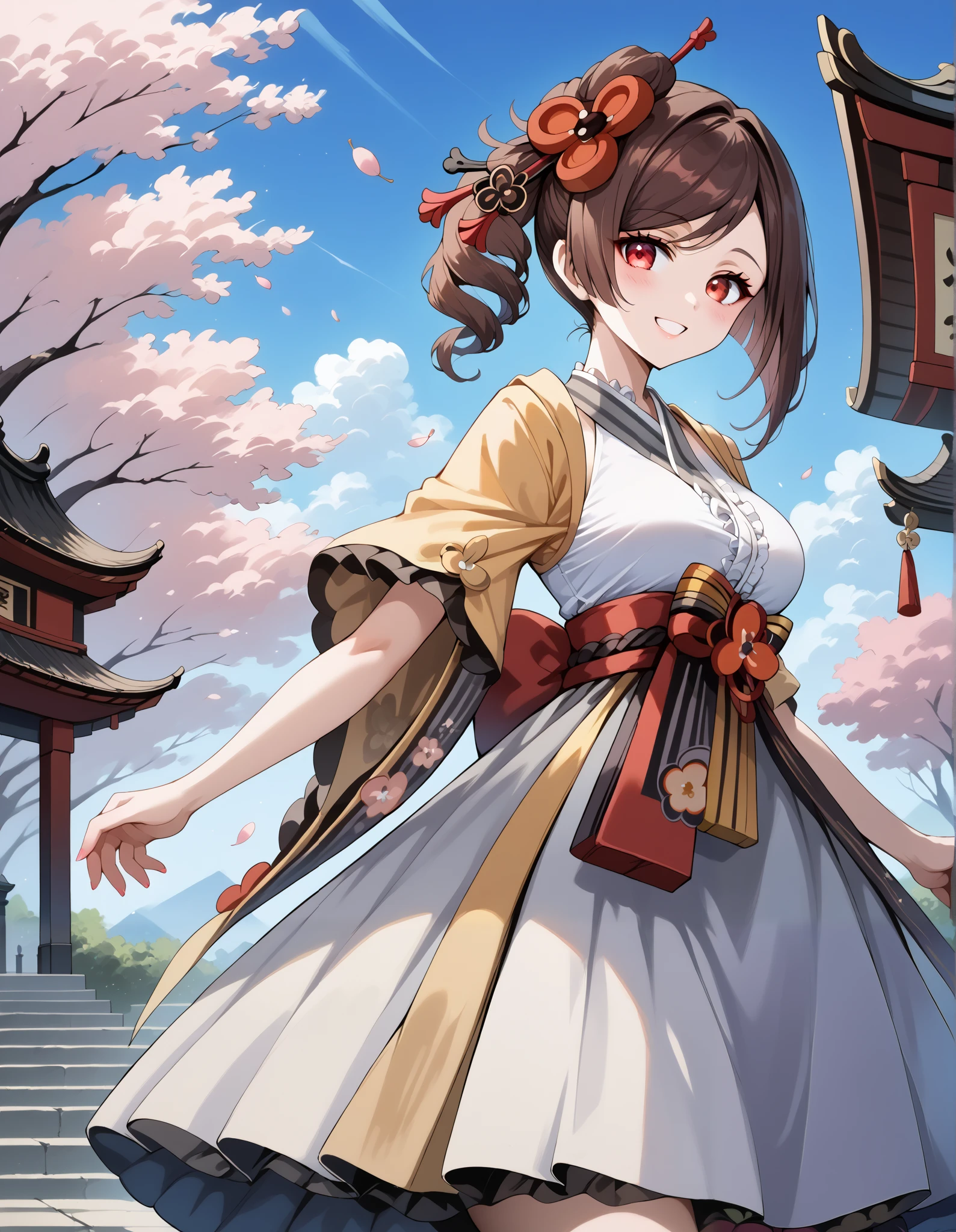 score_9, score_8_up, score_7_up, source_anime, 4K,perfect fingers,(perfect hands, perfect anatomy),prefect lighting, very aesthetic, intricate details,highly detailed background, masterpiece, high quality, best quality,
1girl,Solo,genshinchiori, chiori, brown hair, hair ornament, red eyes, hair flower, large breast,
wearing ((casual dress,frills,ornate clothing, )),,
sakura,cherry blossoms,action pose, looking at viewer, head tilt,playful smile, looking at viewer,
