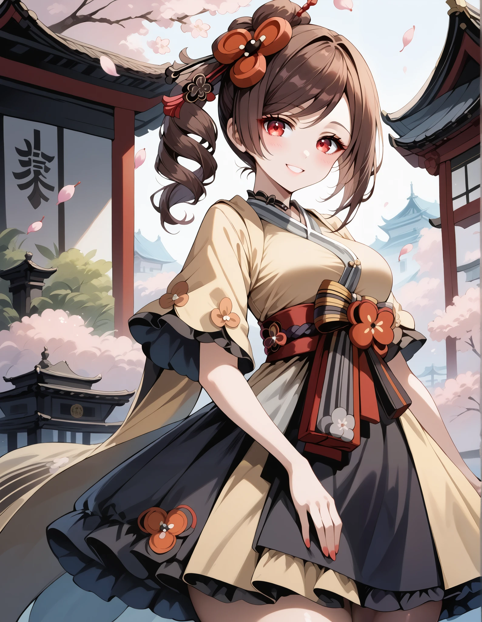 score_9, score_8_up, score_7_up, source_anime, 4K,perfect fingers,(perfect hands, perfect anatomy),prefect lighting, very aesthetic, intricate details,highly detailed background, masterpiece, high quality, best quality,
1girl,Solo,genshinchiori, chiori, brown hair, hair ornament, red eyes, hair flower, large breast,
wearing ((casual dress,frills,ornate clothing, )),,
sakura,cherry blossoms,action pose, looking at viewer, head tilt,playful smile, looking at viewer,
