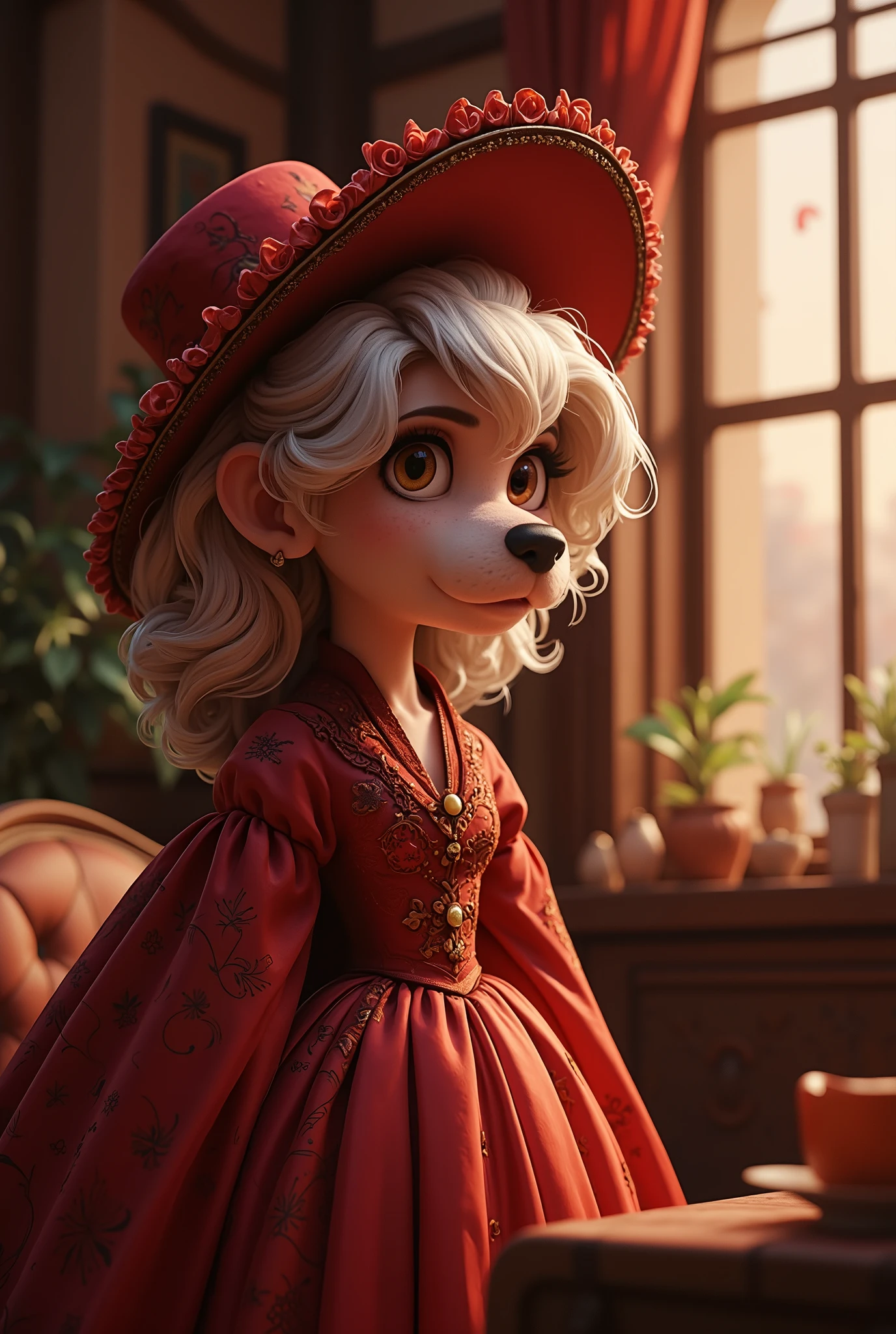 2-D art, cartoon style, old-school Disney, hand drawing, (best quality, masterpiece:1.2), side view, anthropomorphic, a Chinese Crested Dog with long hair, wearing long red elegance dress and women's hat with a veil, actress, graceful physique, like a 1890s style, noire, simple lines, looking to camera, serteuse look, big expressive eyes, (natural textile texture, soft light, sharp:1.2), (intricate details:1.1), bokeh