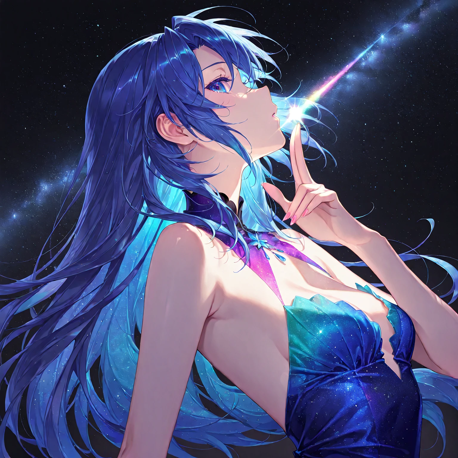 (masutepiece:1.3), (Best Quality:1.3), High resolution, Couboy Shot, Superb view on the back、(One Cute Girl:1.3), Solo, huge smile、A ring of iridescent angels floats above my head、Angel Ring、Superb view of the cityscape、Eight-headed body、Colorful starry sky,Long white T-shirt、Wrinkled white shirt、Posing for cleavage、Emphasizes cleavage、blacklight、qipao dress、Purple hair, (bobhair:1.2), Mixed mesh and light green、Bun hair, (Blunt bangs:1.2), Beautiful hair, Eyes are purple, Miraculous Eye、Light from the eyes、One eye is closed(1:4)、Beautiful detailed eyes, ultradetailed eyes、Golden Eyes、Glitter eyes,from the rear、Colorful starry sky,Stars,Iridescent aura around the eyes、Lie down and stick your hips out、Iridescent eyes、Narrowed eyes sucked in,Wearing a rainbow-colored aura from the whole body、 Shadow lighting
