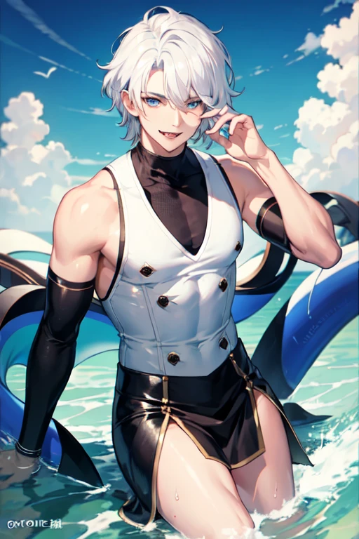 1man,Slender men、Art Nouveau,Beautiful men。Adult male、vague、sea surface、suns。swimming uniforms、Dynamic composition、beste-Qualit。Top image quality。