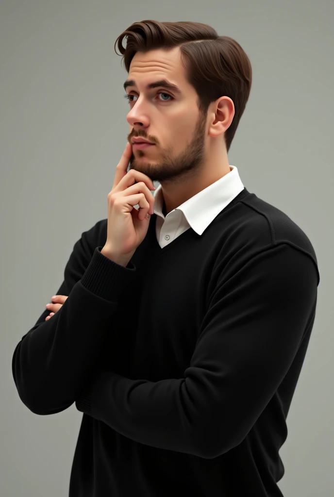 An Average build american guy with brown hair, wearing a black sweater with a white collar shirt inside thinking with his hand on his chin
