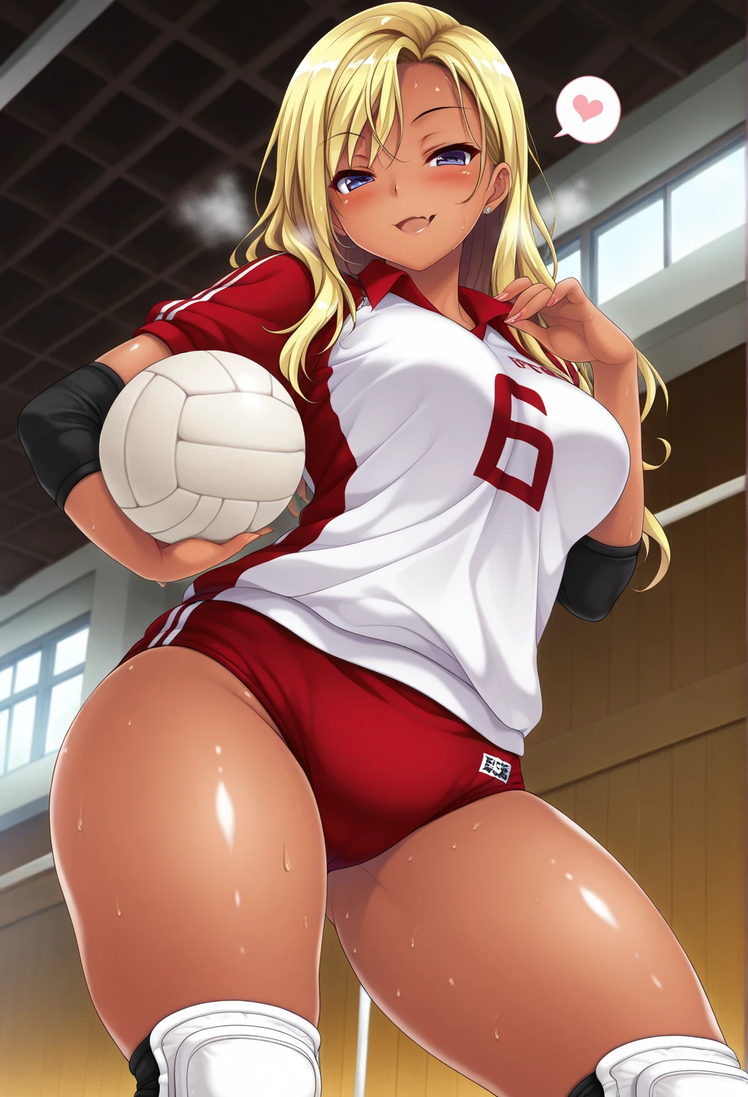 Athletic and super curvy milf, muscle, bimbo, bandana on head blonde hair, sports top, red sports shorts, tiny shorts, parts, tanned skin, sunburn, knee high socks, sneakers, sweating, clothes wet with sweat, showing ass