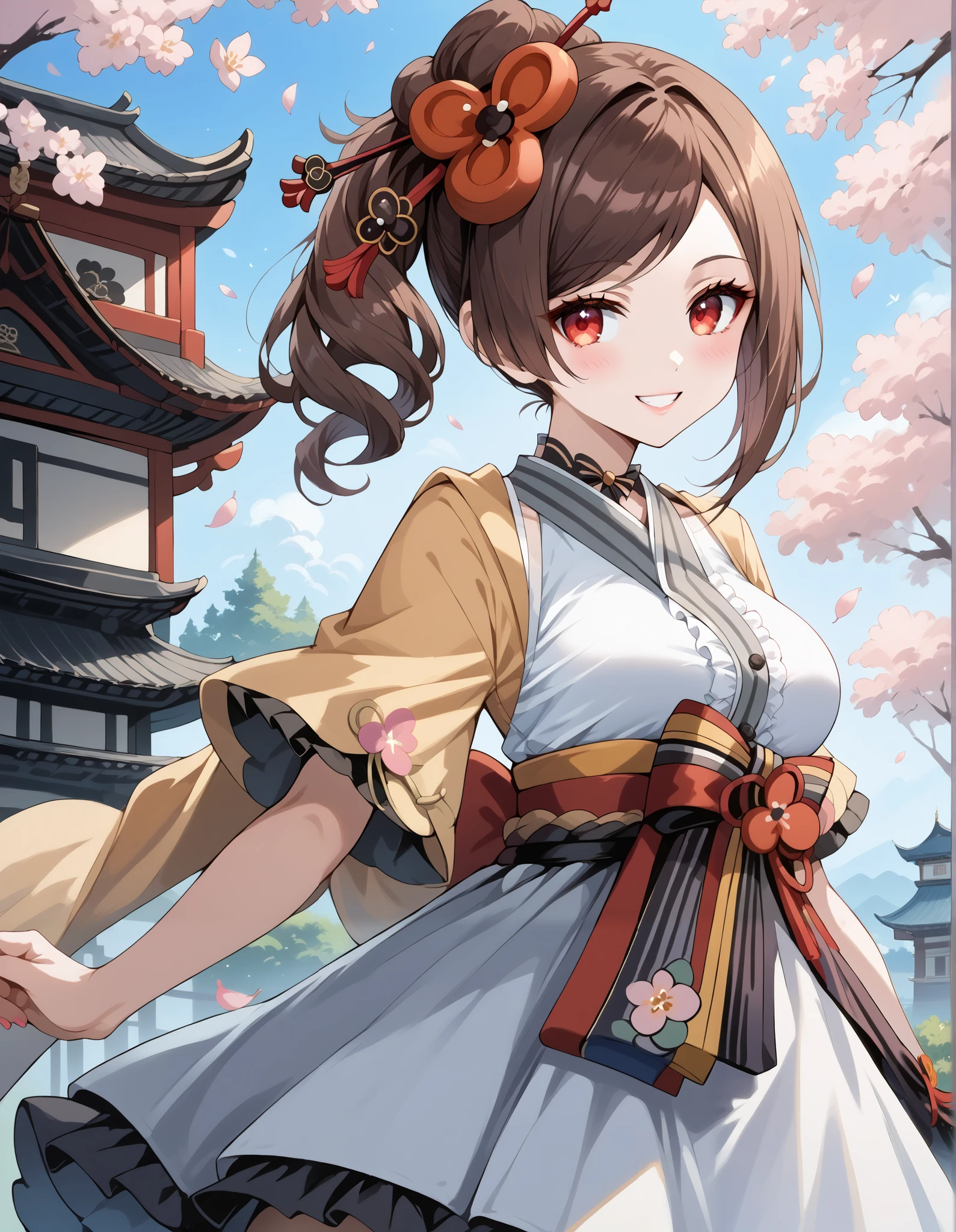 score_9, score_8_up, score_7_up, source_anime, 4K,perfect fingers,(perfect hands, perfect anatomy),prefect lighting, very aesthetic, intricate details,highly detailed background, masterpiece, high quality, best quality,
1girl,Solo,genshinchiori, chiori, brown hair, hair ornament, red eyes, hair flower, large breast,
wearing ((casual dress,frills,ornate clothing, )),,
sakura,cherry blossoms,action pose, looking at viewer, head tilt,playful smile, looking at viewer, smile, outdoors, sky, solo focus,