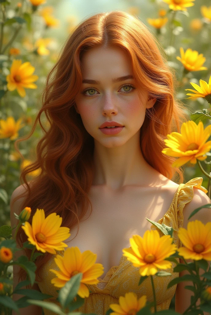 The woman is completely naked  (with very small breasts) Zero breast size, Long red hair, Skinny, sweaty and dirty, dry skin!!, very sweaty, Sitting in a field of sunflowers, In his hands he holds a small blue bird