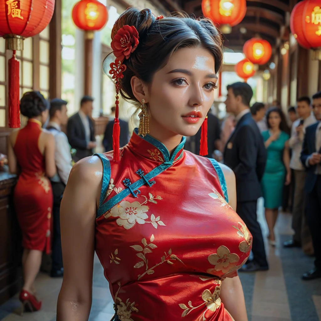 Half-length portrait:1.3，Wearing(Tight cheongsam:1.7)Beautiful woman，Ideal proportions，Full breasts，Slim waist，Plump buttocks，White skin，Surrounded by accessories，In a crowded Chinese restaurant，(Best quality，4K，8k，high resolution，masterpiece:1.2)，Ultra Detailed，(lifelike，Photo-like lifelike，Photo-like lifelike:1.37)，Delicate eyes，Delicate lips，Extremely detailed face，Long eyelashes，Intricate details，Gorgeous accessories，Gorgeous decoration，Warm Lights，Vibrant colors，Dramatic lighting，Atmospheric，Movie-like，Award-winning photography