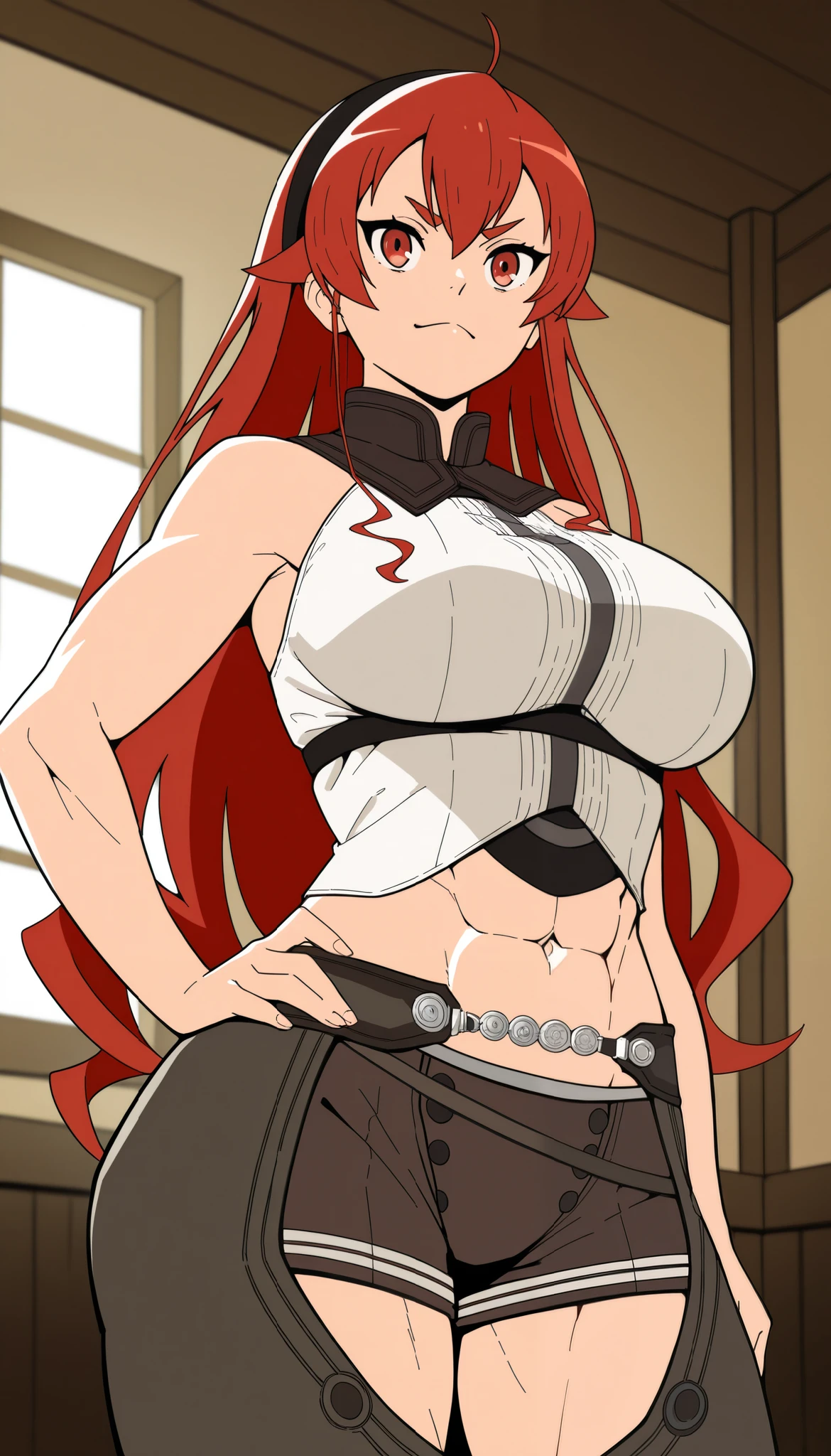 mushoku tensei style, anime coloring, 1girl, solo, long hair, red hair, open eyes, badass, hairband, indoors, black hairband, Eris Greyrat,sysdeep_eris,best quality, highres, absurdres, masterpiece, Adult_Eris, 1girl, mature woman , tall girl,red_hair, solo, long_hair, breasts, a large_breasts, red_eyes, brown_chaps, brown_shorts, navel, hairband, brown_coat_white_fur, midriff, hand_on_hip, inner_thighs, badass, smile, abs , animescanthick eyebrows, bare shoulders, bangs, closed mouth, window, hair between eyes, frown, ((masterpiece)) abs