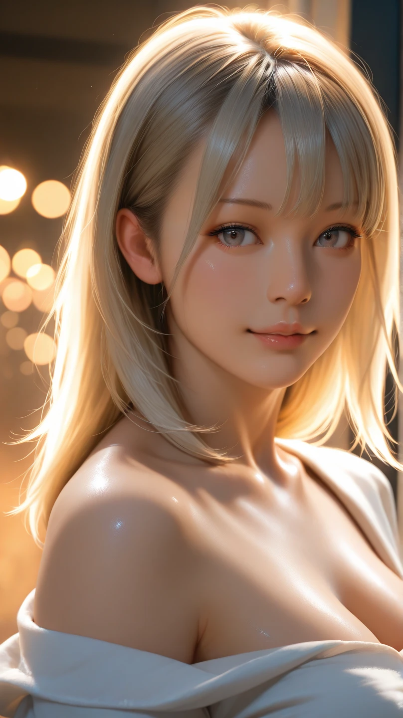 (Highest quality, 4K, 8k, High resolution, masterpiece:1.2), Very detailed, (Realistic, photoRealistic, photo-Realistic:1.37)、club、stage、Japanese、smile、(Completely naked）、ear piercing、Blonde with a black choker、(Hairstyle:random),Shiny skin caused by lotion、clear、Oily skin、Sweaty skin、Photographed from the waist up