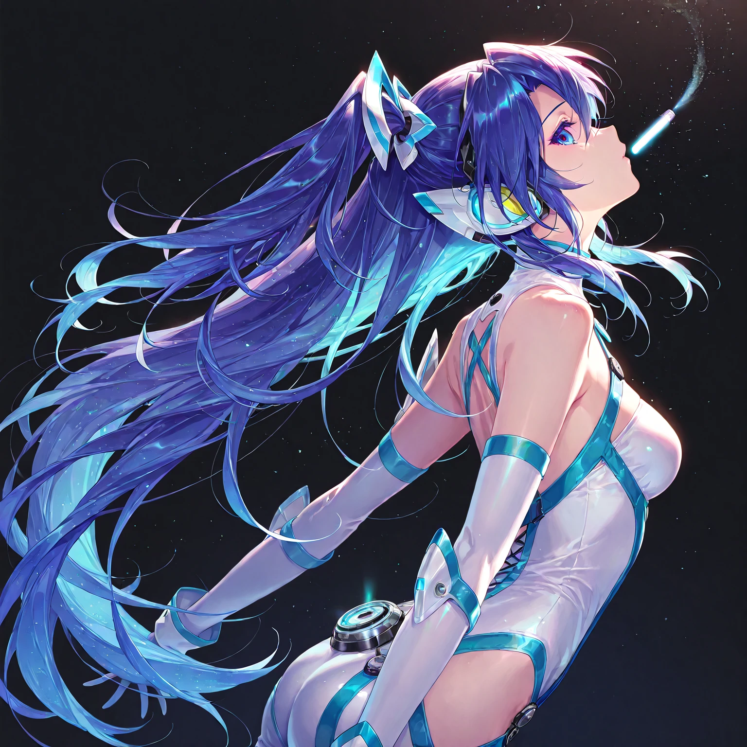anime characters，Top manga master works，Full body back pose，Comic art，The art of the body，Blue and black art，A woman in a golden robe，phantom，very ethereal，An ethereal stillness，Incredibly ethereal，"Ethereal，Dreamy and hazy，Back view，ethereal and dreamy，Fantastic medium portrait top light，weird，Soft ethereal lighting，dreamy and ethereal，ethereal，8kwallpaper