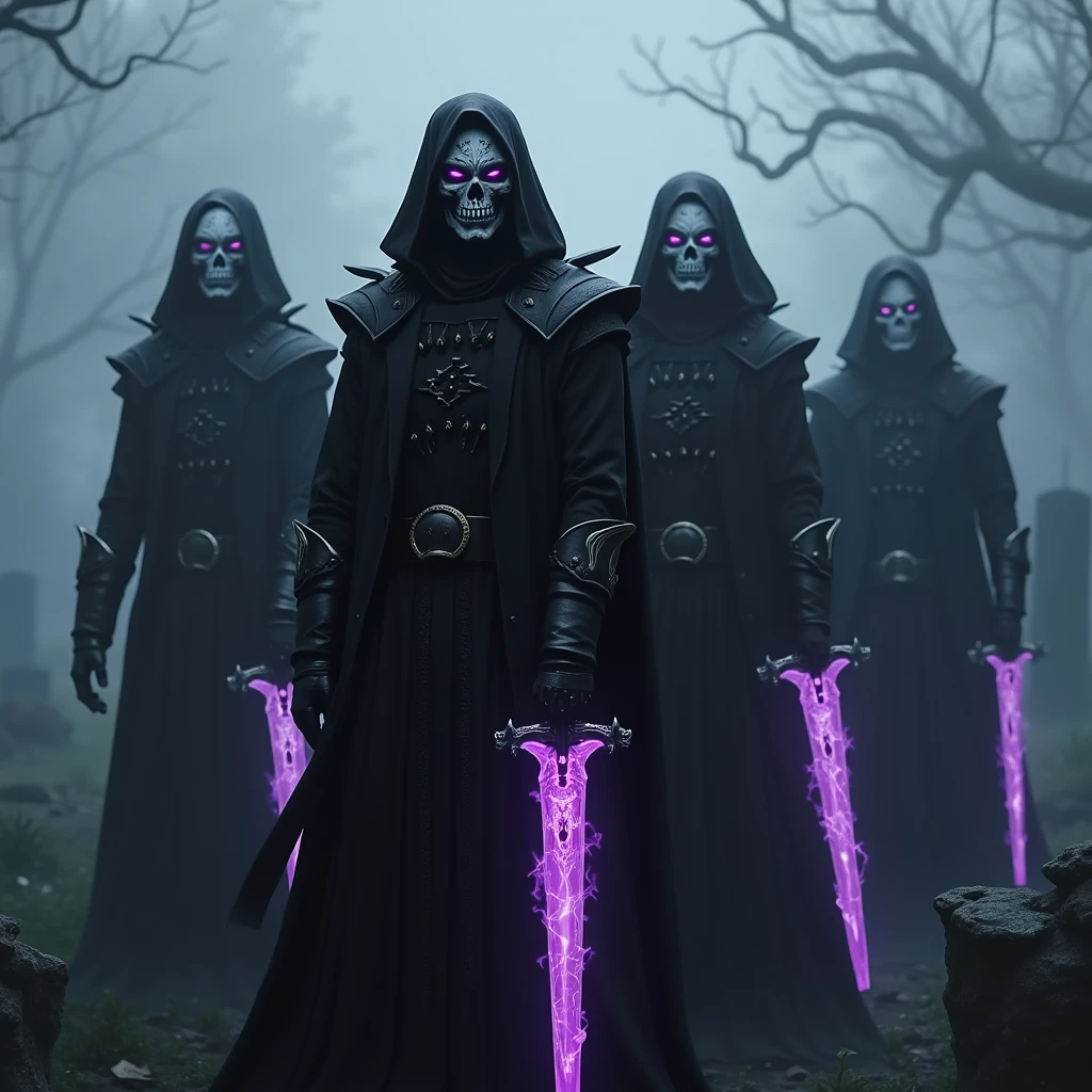 four beings with skeletal faces, has a skull face painting with black and white patterns,shoulders and wears black cloth and leather armor and steel gloves, a robe and a hood that runs around her neck on black shoulders, Your armor is underneath a black coat similar to Nero's coat from Devil May Cry 5 in the color black. Her eyes are sneaky and intimidating. inspired by Papa Nihil from the band Ghost, they hold daggers with a purple glow with runes carved into the blade that glow in purple flames, His eyes glow purple, he is in a graveyard shrouded in thick fog, A dark and macabre place