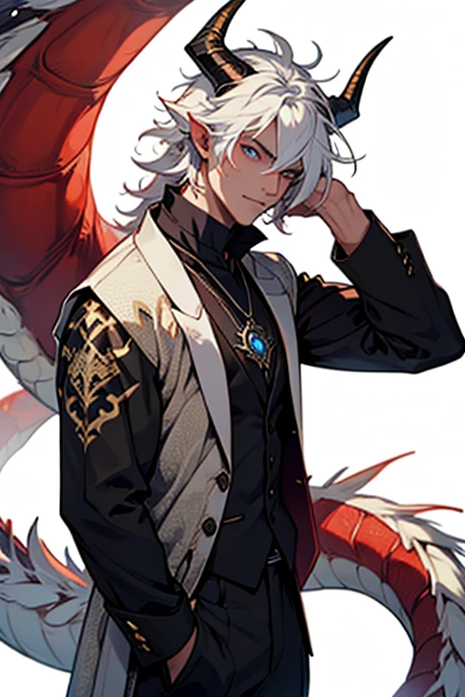 
A young teen boy with a unique appearance, blending human and dragon features. He has striking green eyes that gleam with intelligence and curiosity. His hair is a lustrous silver, flowing down to his shoulders. The left side of his face, neck, and part of his left arm show smooth, human skin, while the right side is covered in glistening dragon scales of a deep emerald green. His dragon side also features a slightly pointed ear, and small, intricate horns that curve back gracefully. His clothing is a mix of medieval and modern styles, emphasizing his otherworldly nature 
