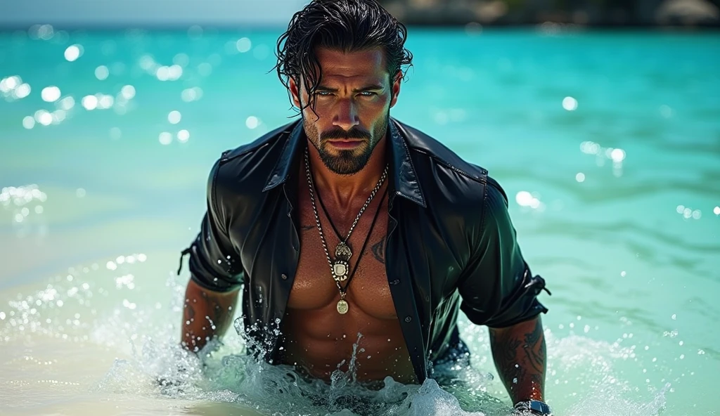40 year old violent man., top-less,  i&#39;I&#39;m standing on the edge of the ocean. el es un pescador, taking a net out of the ocean.. el hombre&#39;Severe facial features are depicted in extreme detail... His weathered face stood out, showing deep lines and wrinkles. The intense look in his eyes conveys the toughness and determination of an experienced fisherman.... El artista representa los fuertes brazos y manos de un hombre., pulling the net with precision and strength.. 

The painting is done in a realistic style with emphasis on conveying the essence of man and the ocean landscape... The artist uses high resolution techniques., to highlight small details.,  la imagen parece realista. Los colores son brillantes y vivos., Representing the rich hues of the ocean and surrounding beach.. Using bokeh adds depth and visual interest to a composition..., con un fondo suavemente borroso.

Studio lighting recreates natural sunlight, casting dynamic shadows and highlights on el hombre&#39;s muscular physique.. Guarantees of the physical rendering technique., that the painting accurately transmits materials and textures., giving them life.  Backside jeans