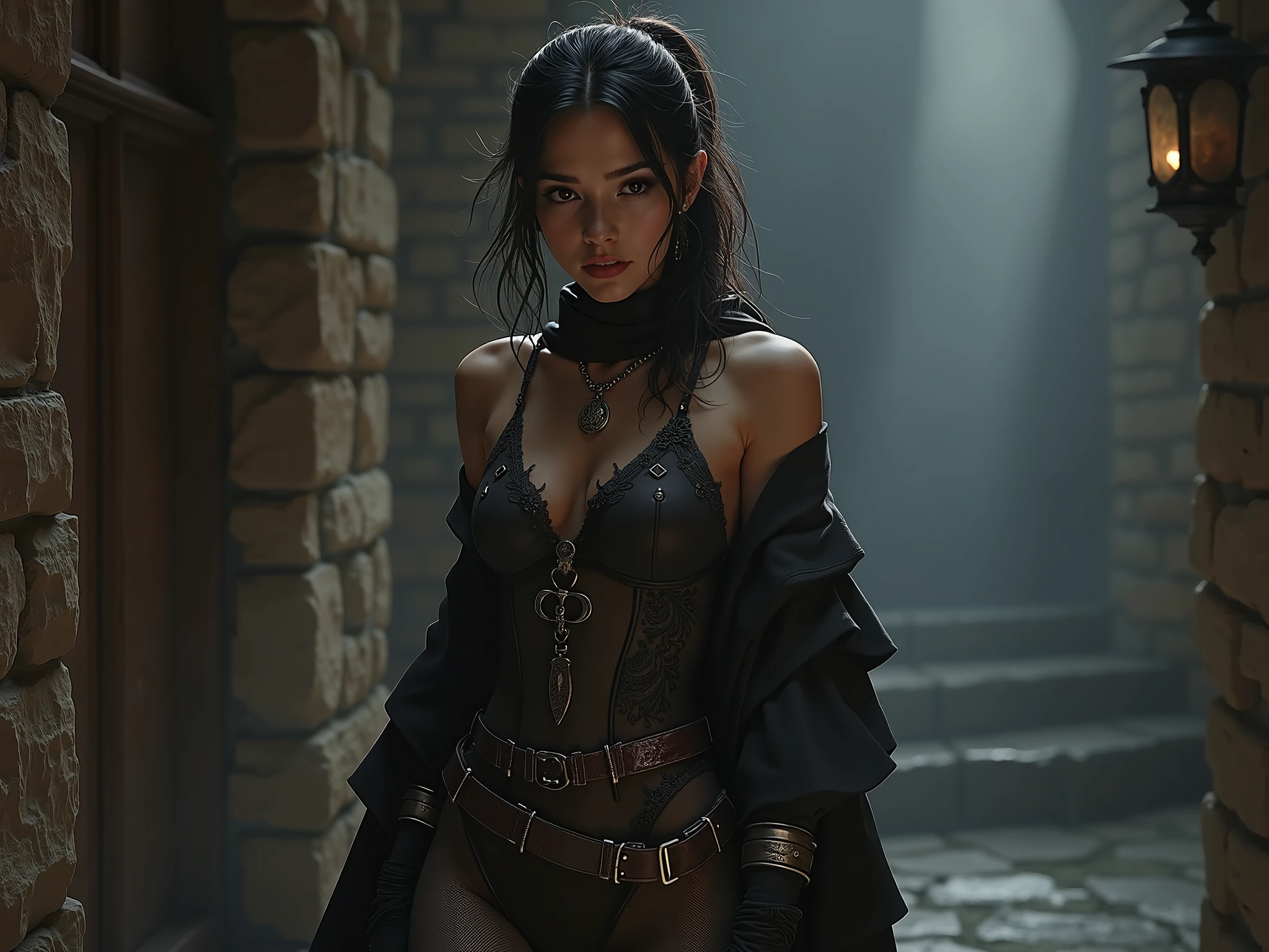 Sexy adult girl elf archer, long hair, dressed in medieval clothes, stands in the middle of a room with medieval interior and decor, looks at the viewer. Overall detail:1.5