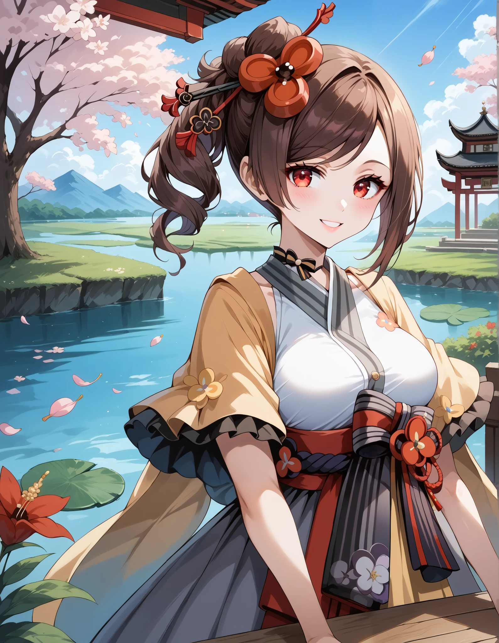 score_9, score_8_up, score_7_up, source_anime, 4K,perfect fingers,(perfect hands, perfect anatomy),prefect lighting, very aesthetic, intricate details,highly detailed background, masterpiece, high quality, best quality,
1girl,Solo,genshinchiori, chiori, brown hair, hair ornament, red eyes, hair flower, large breast,
wearing ((casual dress,frills,ornate clothing, )),,
sakura,cherry blossoms,action pose, looking at viewer, head tilt,playful smile, looking at viewer, smile, outdoors, sky, solo focus, day, cloud,pond, across table,