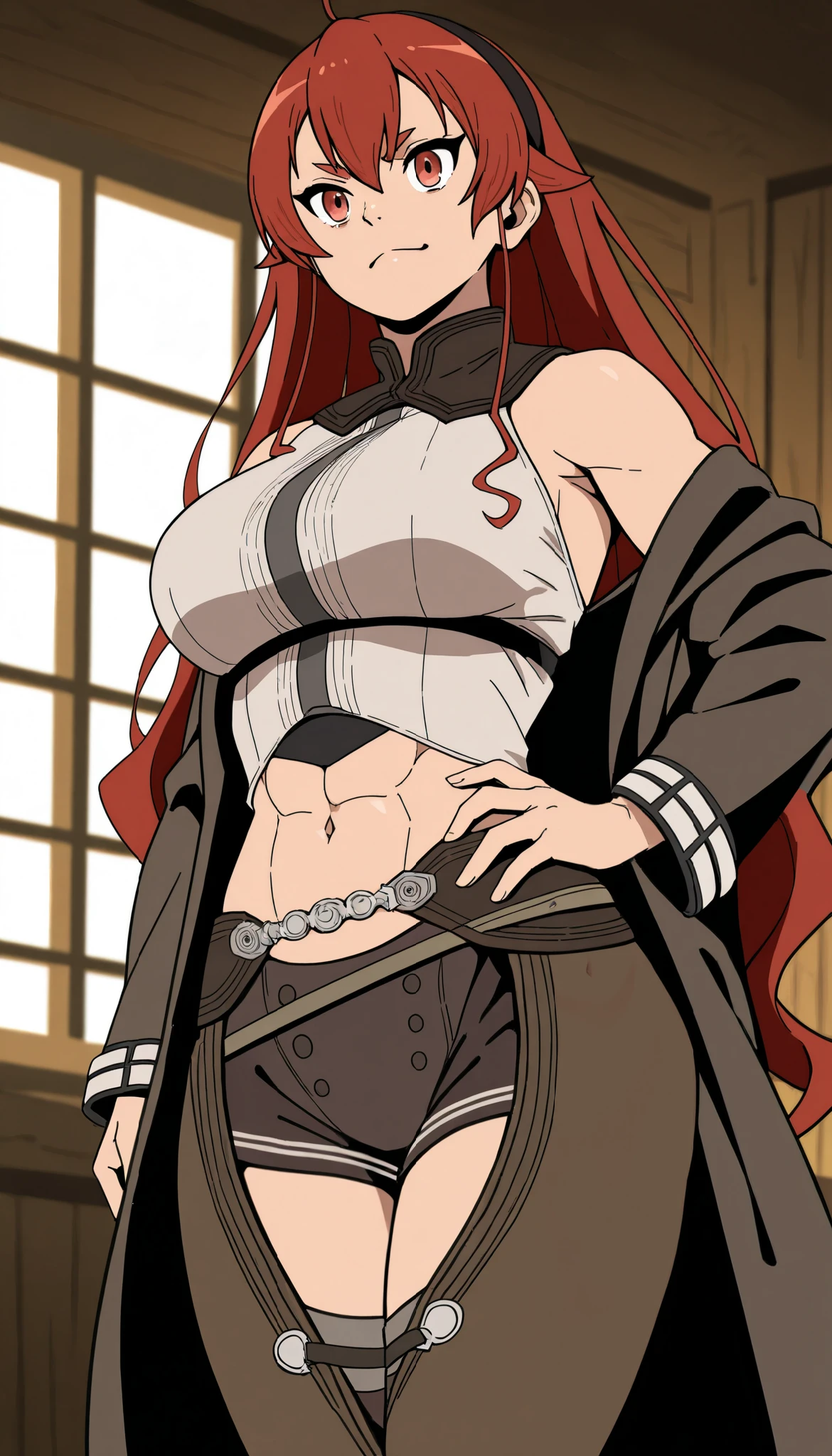 mushoku tensei style, anime coloring, 1girl, solo, long hair, red hair, open eyes, badass, hairband, indoors, black hairband, Eris Greyrat,sysdeep_eris,best quality, highres, absurdres, masterpiece, Adult_Eris, 1girl, mature woman , tall girl,red_hair, solo, long_hair, breasts, a large_breasts, red_eyes, brown_chaps, brown_shorts, navel, hairband, brown_coat_white_fur, midriff, hand_on_hip, inner_thighs, badass, smile, abs , animescanthick eyebrows, bare shoulders, bangs, closed mouth, window, hair between eyes, frown, ((masterpiece)) abs