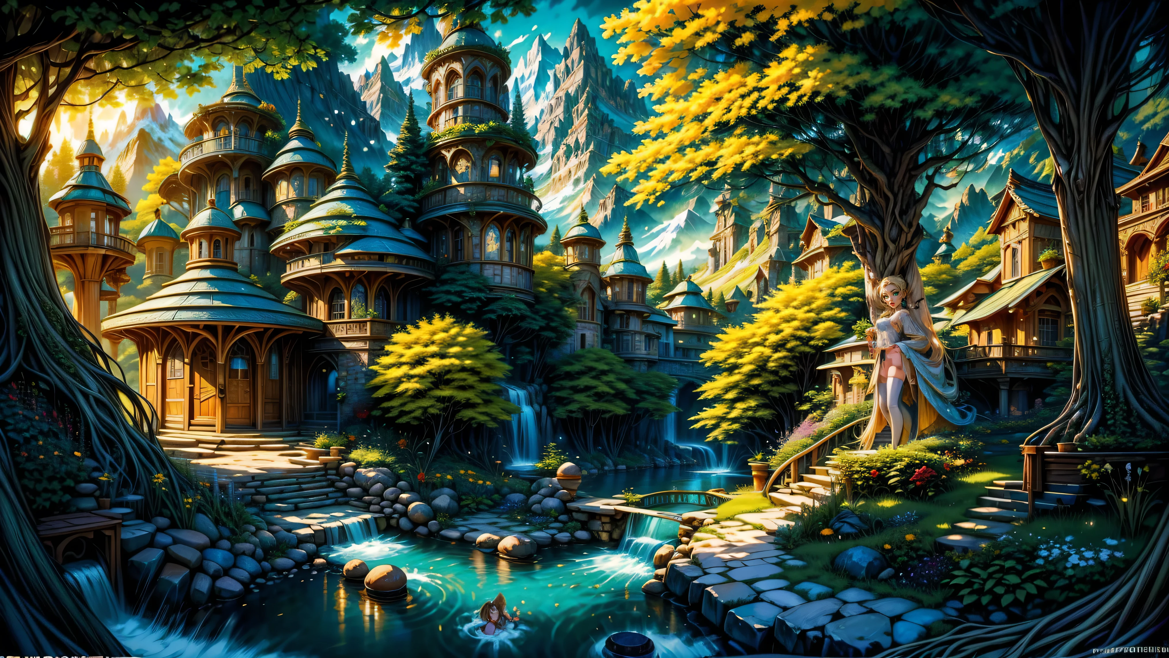 cute young elf girl with a beautiful body and face, men looking at her as she walks through her village, ((men staring)), ((1girl)), ((solo)), ((Long hair)), ((blonde hair)), ((big ponytail)), ((skinny)), ((petite)), ((young girl)), ((large expressive eyes)), ((smiling)), ((round breasts)), ((white formfitting clothes)), ((painted on clothes)), ((semi-transparent clothes)), ((thighhighs)), ((fantasy setting)), ((forest, mountains, streams, meadows)),