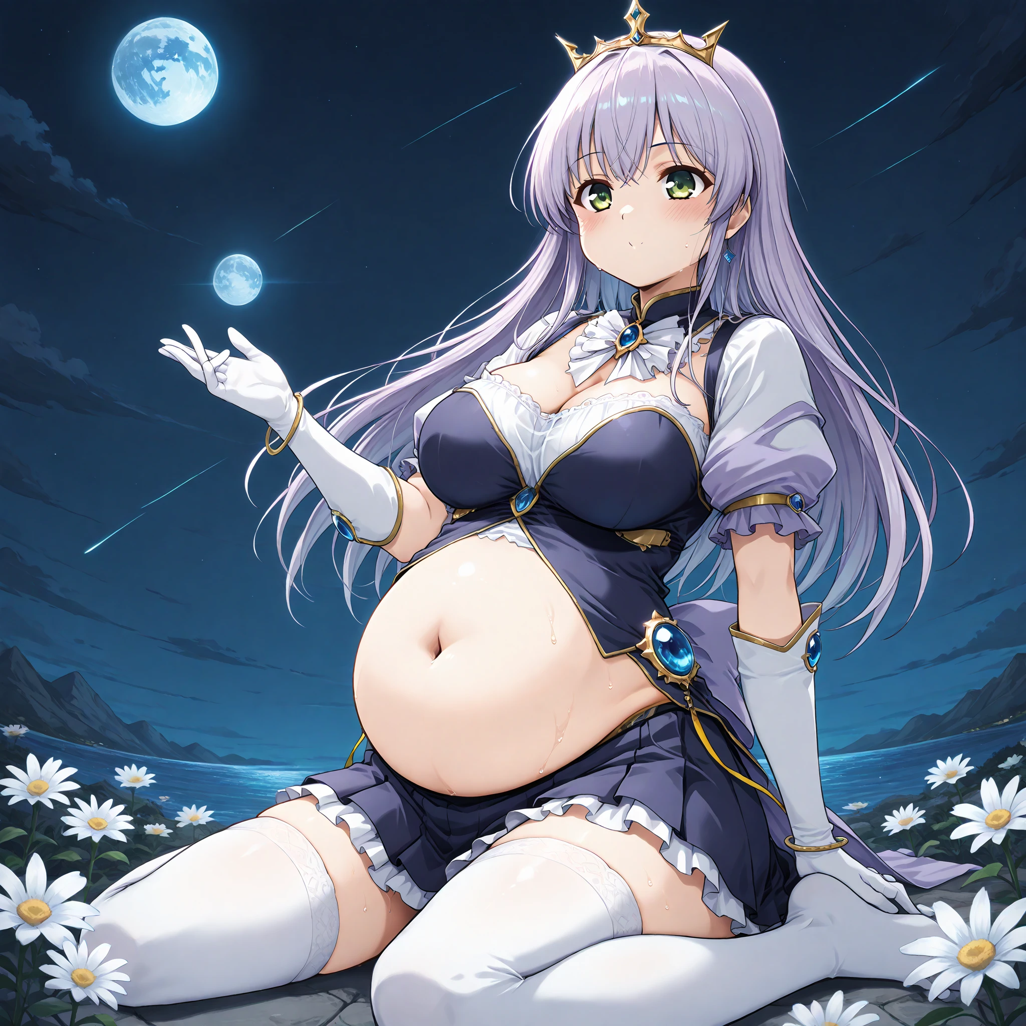 tmasterpiece,Best quality,1girl,独奏,nigh sky,exteriors,themoon,As estrelas,clouds,ventania,Medium hair,boots,sorceress woman,ssmile,red eyes,both arms,cleavage,The tree,natta,Pregnant belly, maternity attire for pregnant women,maternity dress,pregnant belly,Pregnant belly