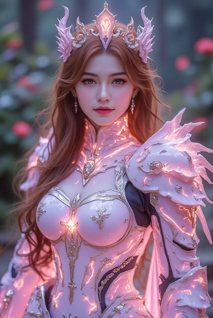 A beautiful woman of Romanian blood with red-brown hair with a Robotic Mecha Paladin body with a glowing Dragon design coated in white and pink porcelain which is shiny and beautiful full of beautiful Ruby red bioluminescent light, intricate and frightening carvings on the Mecha body, weapons parts, is hitting the ground hard while smiling at me, fairytopia forest background at night with a variety of magical lights from unique magical plants and creatures