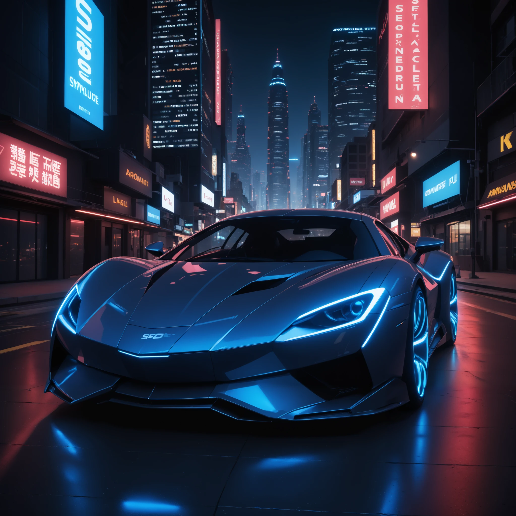 a sleek futuristic-style car parked in a neon-lit cityscape, wide angle shot showcasing the reflective metallic surface with smooth curves and sharp edges, glowing blue headlights and tail-lights, hovering slightly above the ground, minimalistic design with aerodynamic features, set against a backdrop of towering skyscrapers and digital billboards, vibrant lighting casting dramatic shadows, emphasising advanced technology and speed, symmetrical composition highlighting the car's innovative structure and modern appeal.