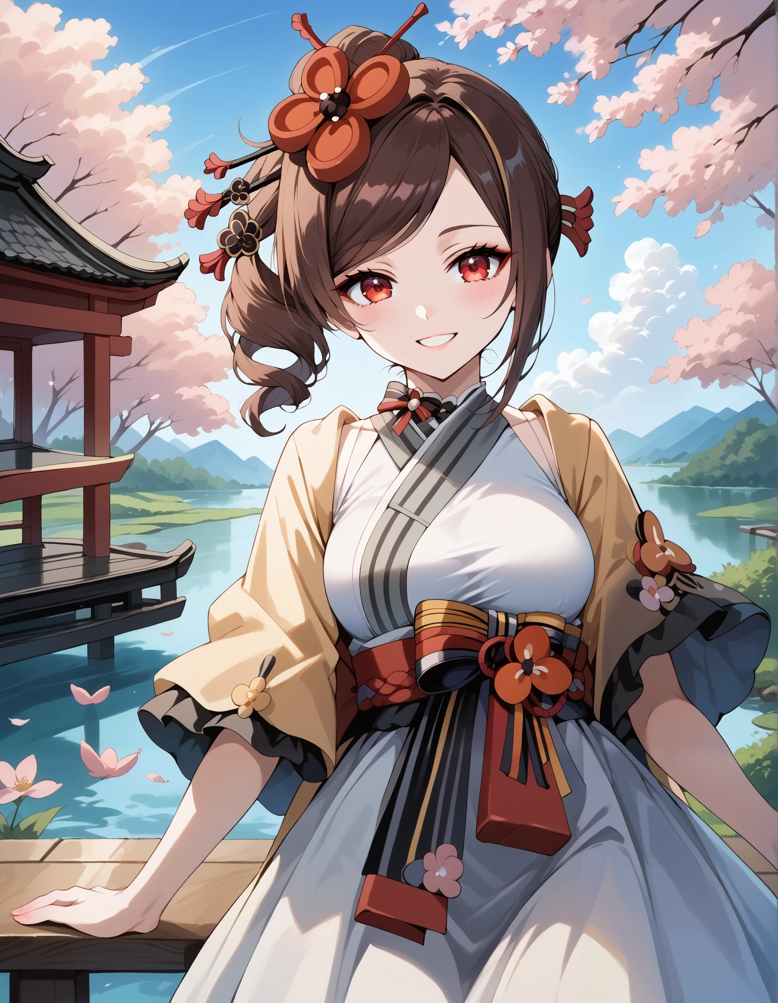 score_9, score_8_up, score_7_up, source_anime, 4K,perfect fingers,(perfect hands, perfect anatomy),prefect lighting, very aesthetic, intricate details,highly detailed background, masterpiece, high quality, best quality,
1girl,Solo,genshinchiori, chiori, brown hair, hair ornament, red eyes, hair flower, large breast,
wearing ((casual dress,frills,ornate clothing, )),,
sakura,cherry blossoms,action pose, looking at viewer, head tilt,playful smile, looking at viewer, smile, outdoors, sky, solo focus, day, cloud,pond, across table, pov, sunset,