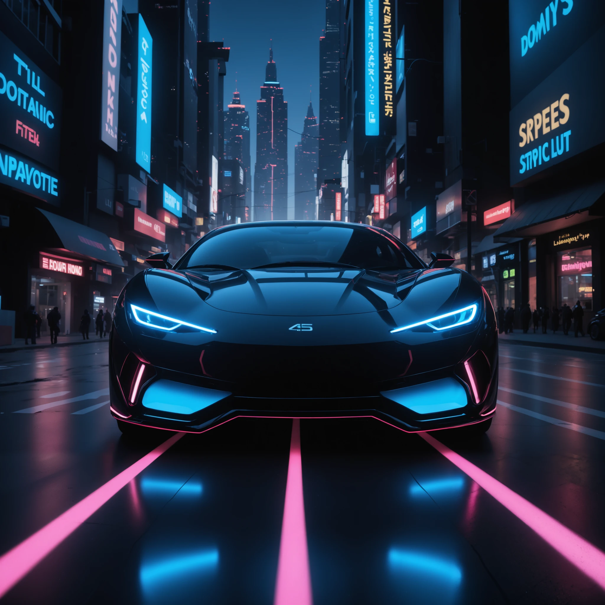 a sleek futuristic-style car parked in a neon-lit cityscape, wide angle shot showcasing the reflective metallic surface with smooth curves and sharp edges, glowing blue headlights and tail-lights, hovering slightly above the ground, minimalistic design with aerodynamic features, set against a backdrop of towering skyscrapers and digital billboards, vibrant lighting casting dramatic shadows, emphasising advanced technology and speed, symmetrical composition highlighting the car's innovative structure and modern appeal.