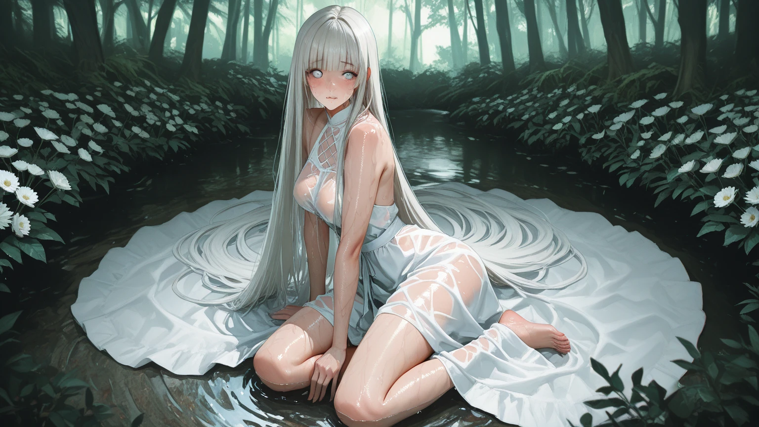 (Name: Anastasya Hermious She is A Mutant), clearly White colored Skin Pale Skin, White Hair, On the surface of the water, Fangs, Red Eyes, 30 Year-old