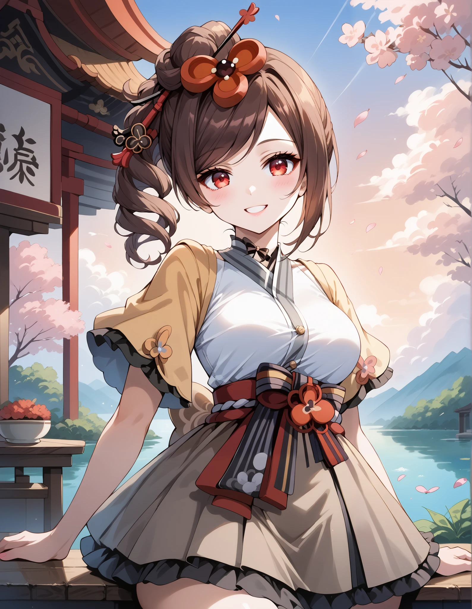 score_9, score_8_up, score_7_up, source_anime, 4K,perfect fingers,(perfect hands, perfect anatomy),prefect lighting, very aesthetic, intricate details,highly detailed background, masterpiece, high quality, best quality,
1girl,Solo,genshinchiori, chiori, brown hair, hair ornament, red eyes, hair flower, large breast,
wearing ((casual dress,frills,ornate clothing, )),,
sakura,cherry blossoms,action pose, looking at viewer, head tilt,playful smile, looking at viewer, smile, outdoors, sky, solo focus, day, cloud,pond, across table, pov, sunset,