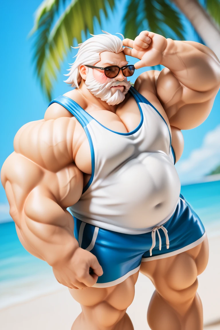 full view full body one white over-muscular young Behemoth man with over-inflated and over-bloated enormous huge shoulders, pecs, biceps, abds and legs, with platinum-blond undercut haircut, in white lycra singlet and white socks, no shoes, dozens of golden rings, necklaces, bracelets, pierced nipples with golden rings, showing off his monstrously fake over-inflated and bloated muscles all over , proudly strutting in his white socks on touristic Costa Rica beach, showing off his white socks and jewelery
