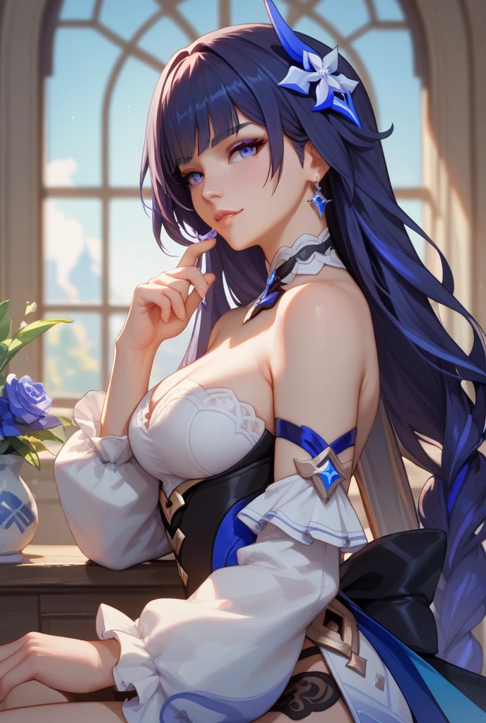 (masterpiece)1 girl, Guest Secretary, Genshin Impact, best quality, expressive eyes, perfect face, upper body size, Smile, blush, Wearing an office shirt and getting wet, indoors, sky, simple background, lie down, watching , 明亮的sky空, watching at viewer, stairs, Moody's Lighting