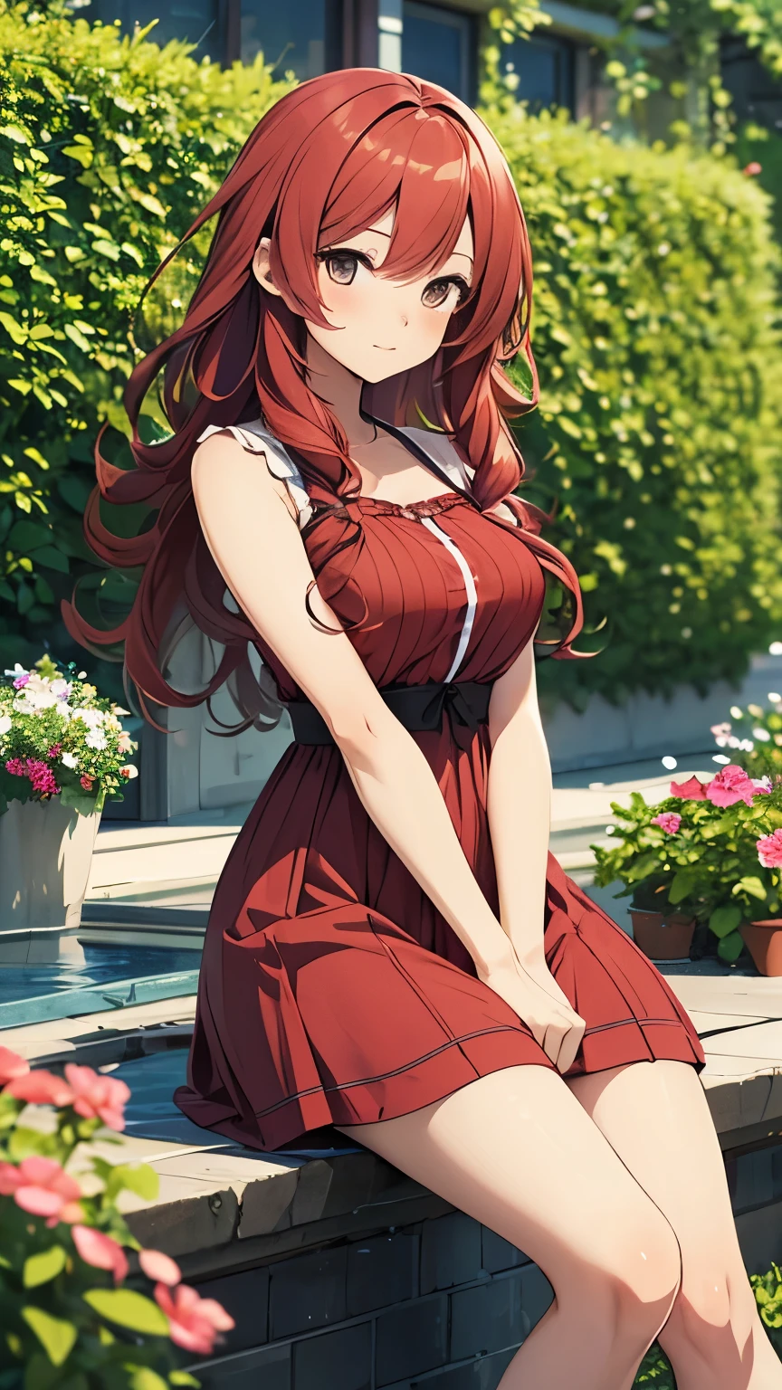 (La mejor calidad, anime, cuerpo completo, illustration, hembra madura, chica mala, largo Pelo rojo, Mirando al espectador, ojos azules, senos grandes, saco negro, vestido corto rojo,