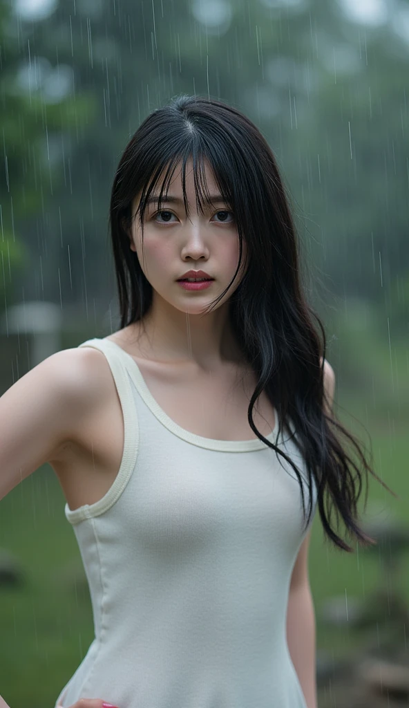 Wet roads ,drenched, Dripping, Wet Face,Wet clothes, Wet Skin, Wet Hair,A young woman with a cute face like an idol,chest,((Daytime)),(Natural light),(High level of artistry),(Artistic),RAW Photos,Genuine,Genuine,High resolution,RAW Photos,masterpiece, beautiful