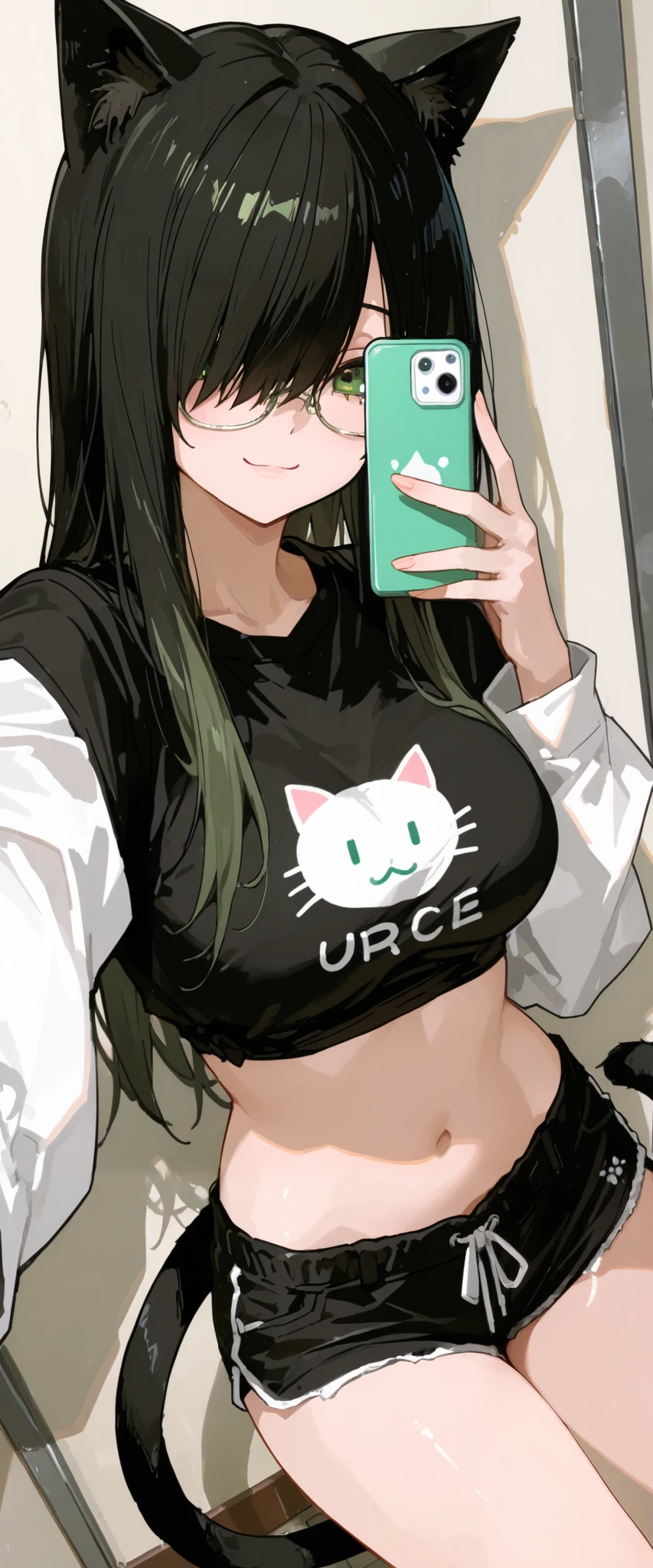 a girl in shorts and glasses with two giant cats on the wall, 1girl, animal ears, solo, tail, breasts, long hair, shorts, glasses, black hair, crop top, black shorts, selfie, hair over one eye, navel, green eyes, cat tail, smile, shirt, cat ears, midriff, short shorts, looking at viewer, long sleeves