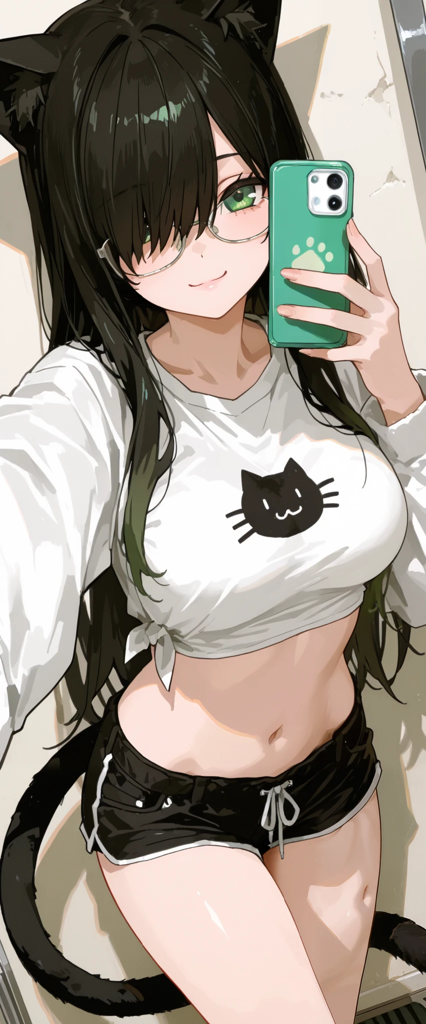 a girl in shorts and glasses with two giant cats on the wall, 1girl, animal ears, solo, tail, breasts, long hair, shorts, glasses, black hair, crop top, black shorts, selfie, hair over one eye, navel, green eyes, cat tail, smile, shirt, cat ears, midriff, short shorts, looking at viewer, long sleeves