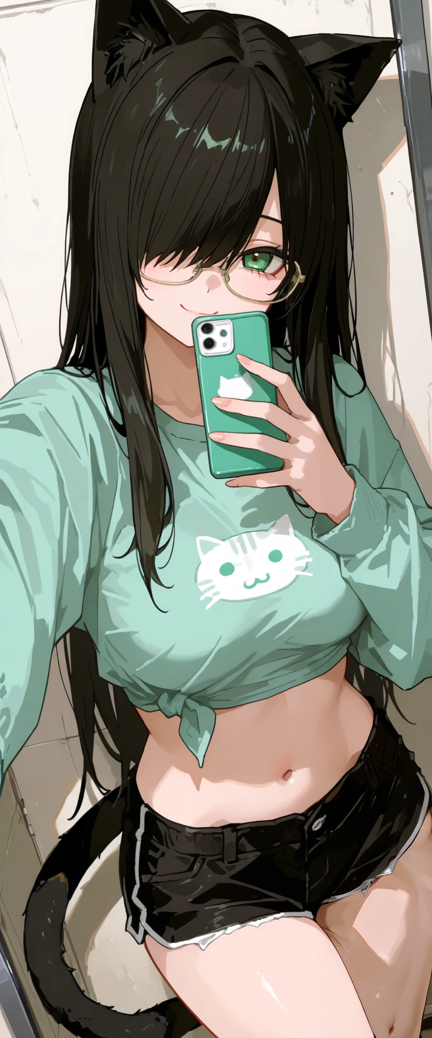 a girl in shorts and glasses with two giant cats on the wall, 1girl, animal ears, solo, tail, breasts, long hair, shorts, glasses, black hair, crop top, black shorts, selfie, hair over one eye, navel, green eyes, cat tail, smile, shirt, cat ears, midriff, short shorts, looking at viewer, long sleeves