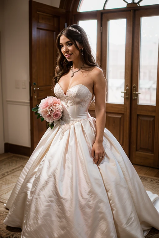 Generate an image of a stunning 25-year-old bride in a magnificent full-length white wedding dress. The dress should be adorned with meticulously crafted fabrics, exuding elegance and sophistication. The bride should be wearing a delicate veil, gracefully flowing behind her. In her hands, she holds exquisite bouquets of flowers, arranged flawlessly with a variety of vibrant blooms.

Focus on flowers

Natural body pose, professional photographer, captured with Sony Alpha 7III 85mm camera, 1/400 sec, f/2, ISO 5000.