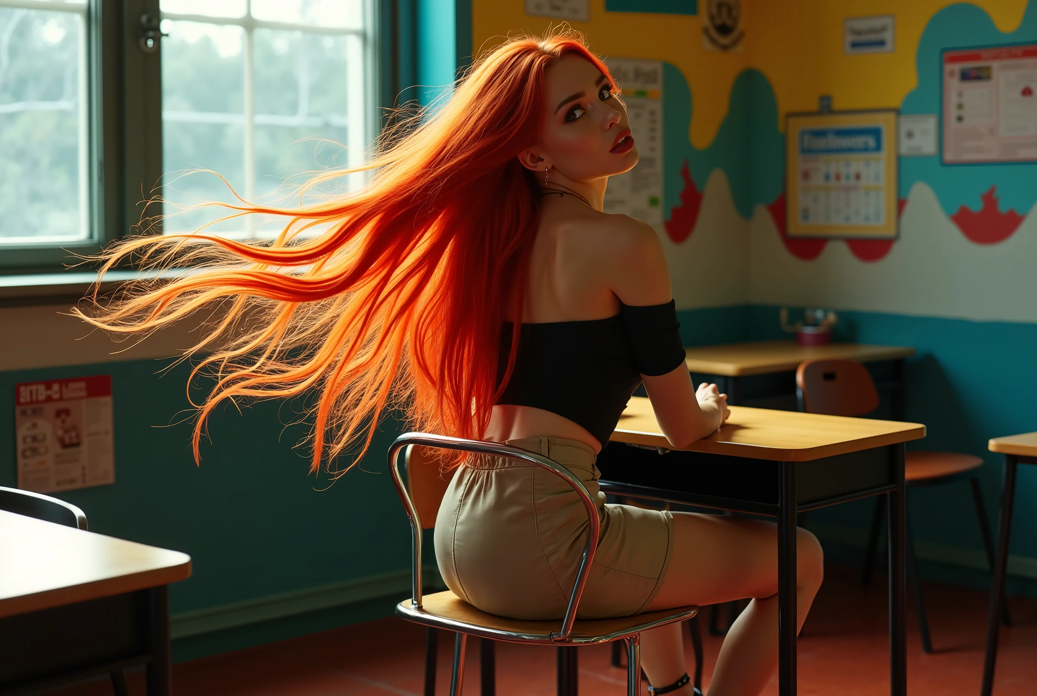 An Award-Winning Masterpiece in High Quality, HD, HDR, (photo realistic) Fine Art Photo Magazine in the Style of Intriguing Fine Art: Playing with Hair: The teacher woman sits at her desk, playing with her red hair. She’s dressed in a fashionable off-the-shoulder top and a short skirt, with eye-catching footwear. Beautiful european girl 25 yo. The classroom is decorated in a maximalist style, with vibrant colors and patterns, and the dim window lighting creates a surreal atmosphere. (((metallic ominous war))) [in the style of Anna Razumovskaya and Clovis Trouille:0.4] ral-dissolve, surrealist fantasy, with a Maximalist Style. figure complète hyperréaliste, vetement style musique electronique, ultraRéaliste, hypermaximaliste, 4k, Moteur irréel, POINTU, détaillé, méga réalisme, Réaliste, hyperRéaliste,