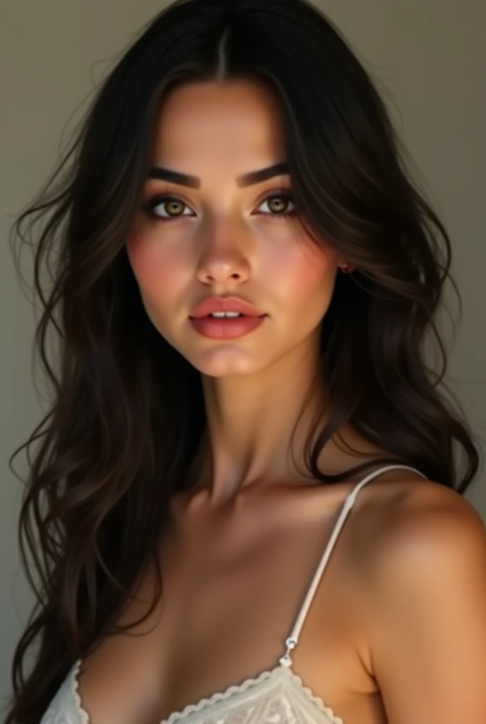 20 year old latina, girl, brun hair, cristal eyes, higly detailed face and beautiful, natural , long hair, seductive smirk, stylish outfit, instagram post look,