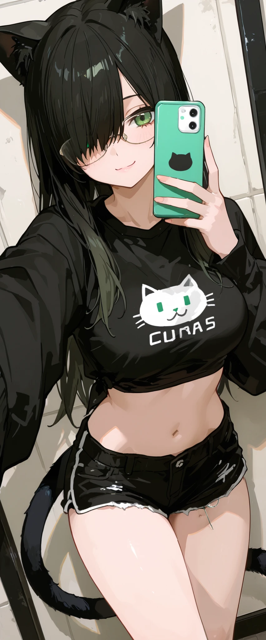 a girl in shorts and glasses with two giant cats on the wall, 1girl, animal ears, solo, tail, breasts, long hair, shorts, glasses, black hair, crop top, black shorts, selfie, hair over one eye, navel, green eyes, cat tail, smile, shirt, cat ears, midriff, short shorts, looking at viewer, long sleeves