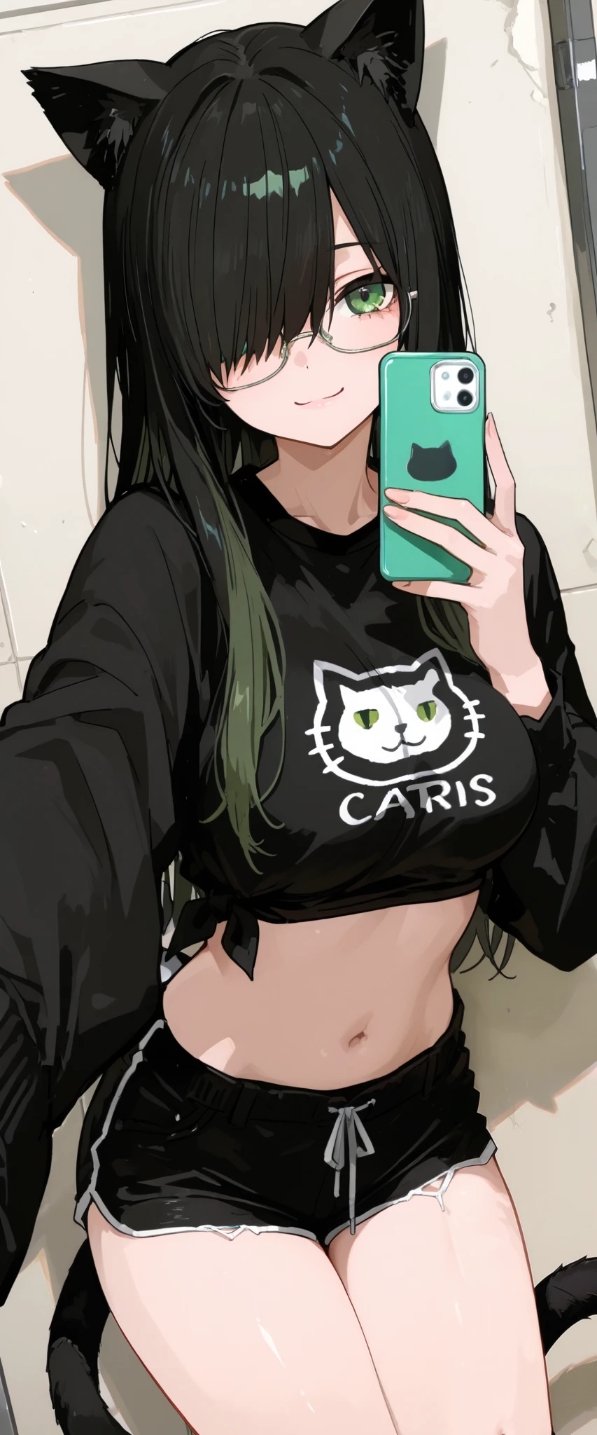 a girl in shorts and glasses with two giant cats on the wall, 1girl, animal ears, solo, tail, breasts, long hair, shorts, glasses, black hair, crop top, black shorts, selfie, hair over one eye, navel, green eyes, cat tail, smile, shirt, cat ears, midriff, short shorts, looking at viewer, long sleeves