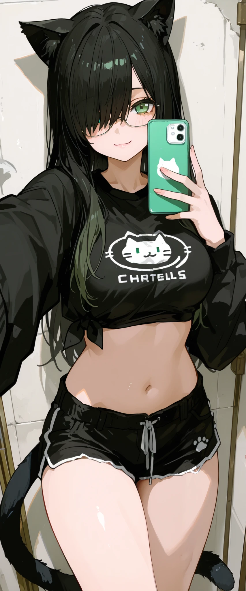 a girl in shorts and glasses with two giant cats on the wall, 1girl, animal ears, solo, tail, breasts, long hair, shorts, glasses, black hair, crop top, black shorts, selfie, hair over one eye, navel, green eyes, cat tail, smile, shirt, cat ears, midriff, short shorts, looking at viewer, long sleeves