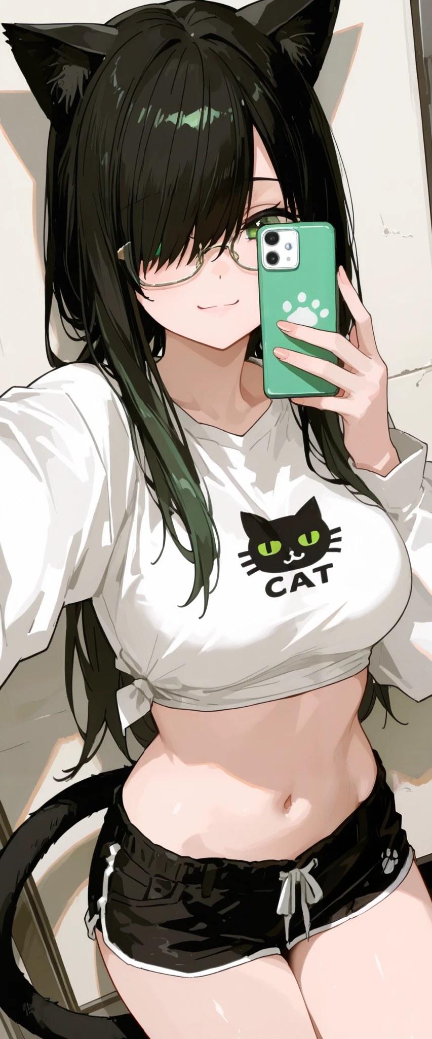 a girl in shorts and glasses with two giant cats on the wall, 1girl, animal ears, solo, tail, breasts, long hair, shorts, glasses, black hair, crop top, black shorts, selfie, hair over one eye, navel, green eyes, cat tail, smile, shirt, cat ears, midriff, short shorts, looking at viewer, long sleeves