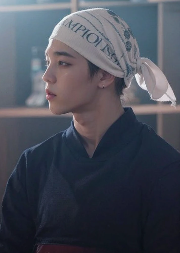 Young Korean man is sitting wearing Islamic clothing