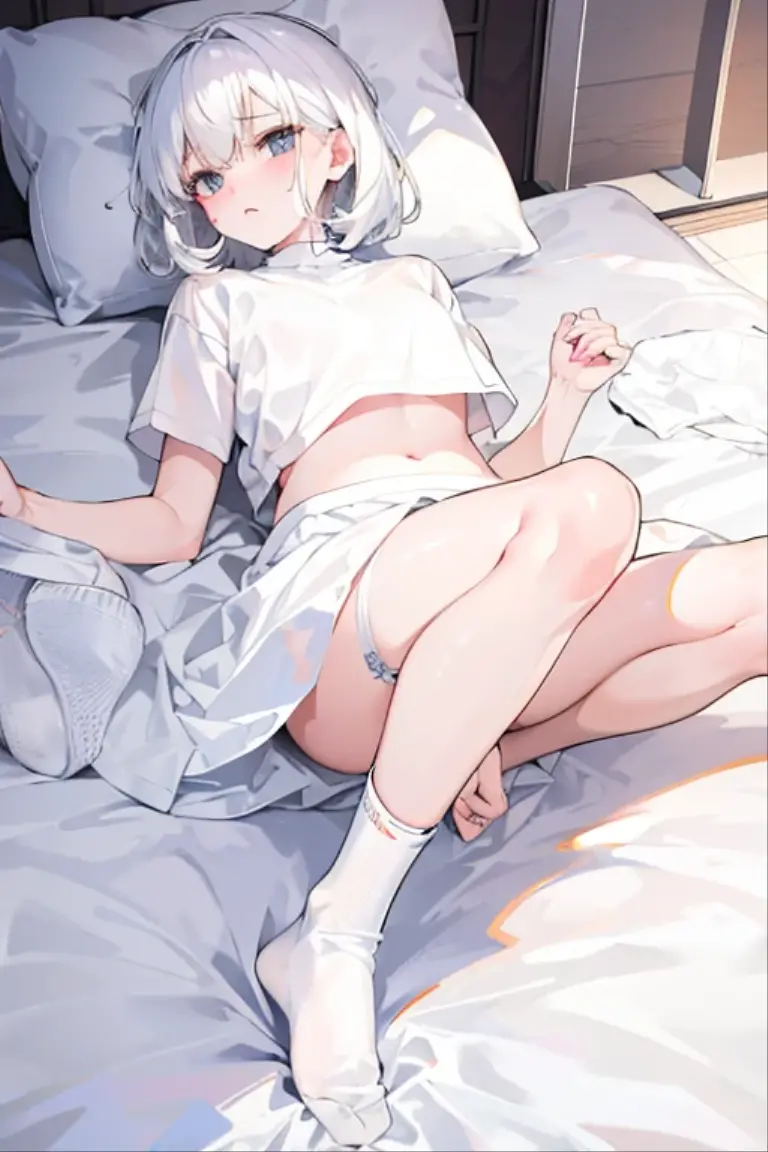 cute girl、hairless labia、white and beautiful skin、Silver hair short、blue eyes、Completely naked、large udder、small areola、lying on the bed、spread legs、spreading her labia with her fingers、Splash and squirt a lot、Ahegao、Cumming face、