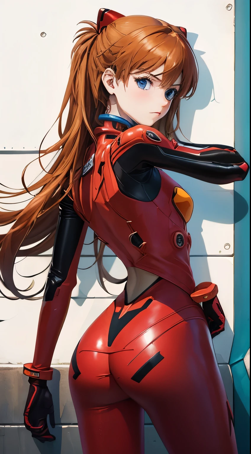 ((masterpiece,best quality, detailed)), against wall, souryuu asuka langley, test plugsuit,front zipper, unzipped:1.5、へそ),full body,