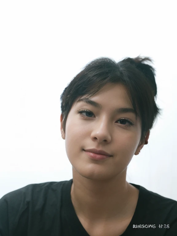 24 year-old girl, boyish, wearing black t-shirt, fierce, medium black hair with bangs, half asian half australian, full portrait