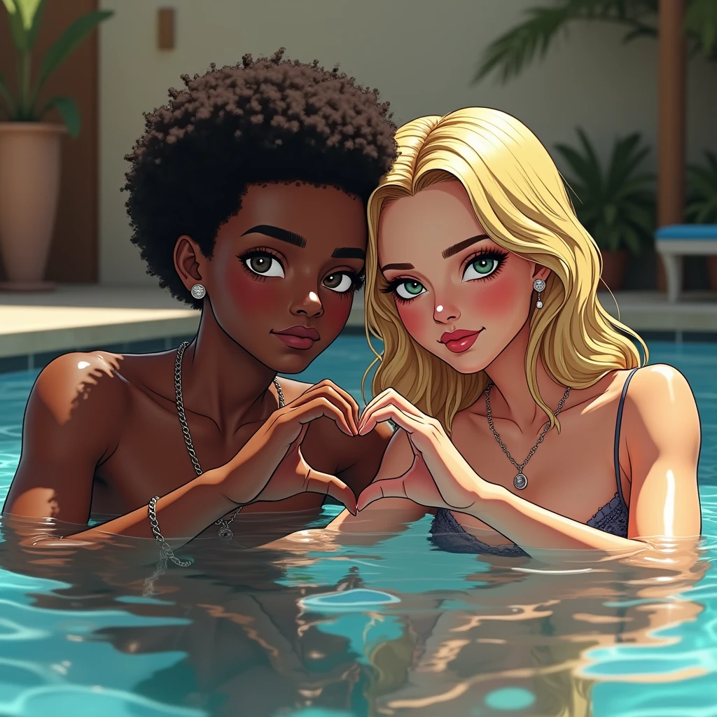 realistic photo, best possible quality, sunny day, hot day, swimming pool, two naked friends playing ball, They are very beautiful, beautiful brunettes, black, African, short curly hair, they have small breasts and they accidentally touch each other's breasts, they are embarrassed, they have hairy pussy, and they look at each other smiling but with shame, blushing