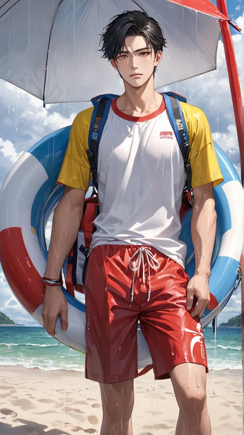 Anime boy wearing swimming suit, one piece.