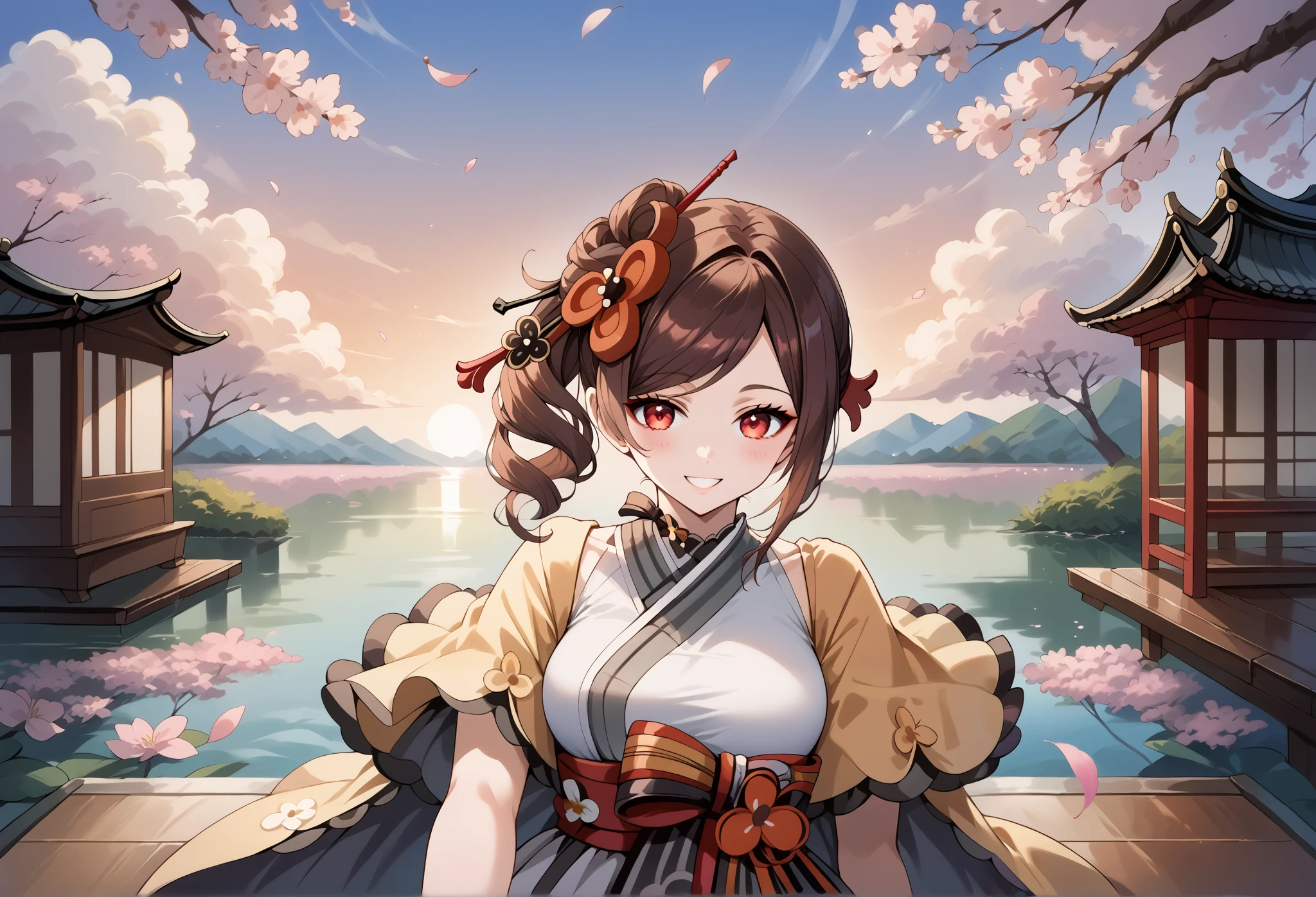 score_9, score_8_up, score_7_up, source_anime, 4K,perfect fingers,(perfect hands, perfect anatomy),prefect lighting, very aesthetic, intricate details,highly detailed background, masterpiece, high quality, best quality,
1girl,Solo,genshinchiori, chiori, brown hair, hair ornament, red eyes, hair flower, large breast,
wearing ((casual dress,frills,ornate clothing, )),,
sakura,cherry blossoms,action pose, looking at viewer, head tilt,playful smile, looking at viewer, smile, outdoors, sky, solo focus, day, cloud,pond, across table, pov, sunset,