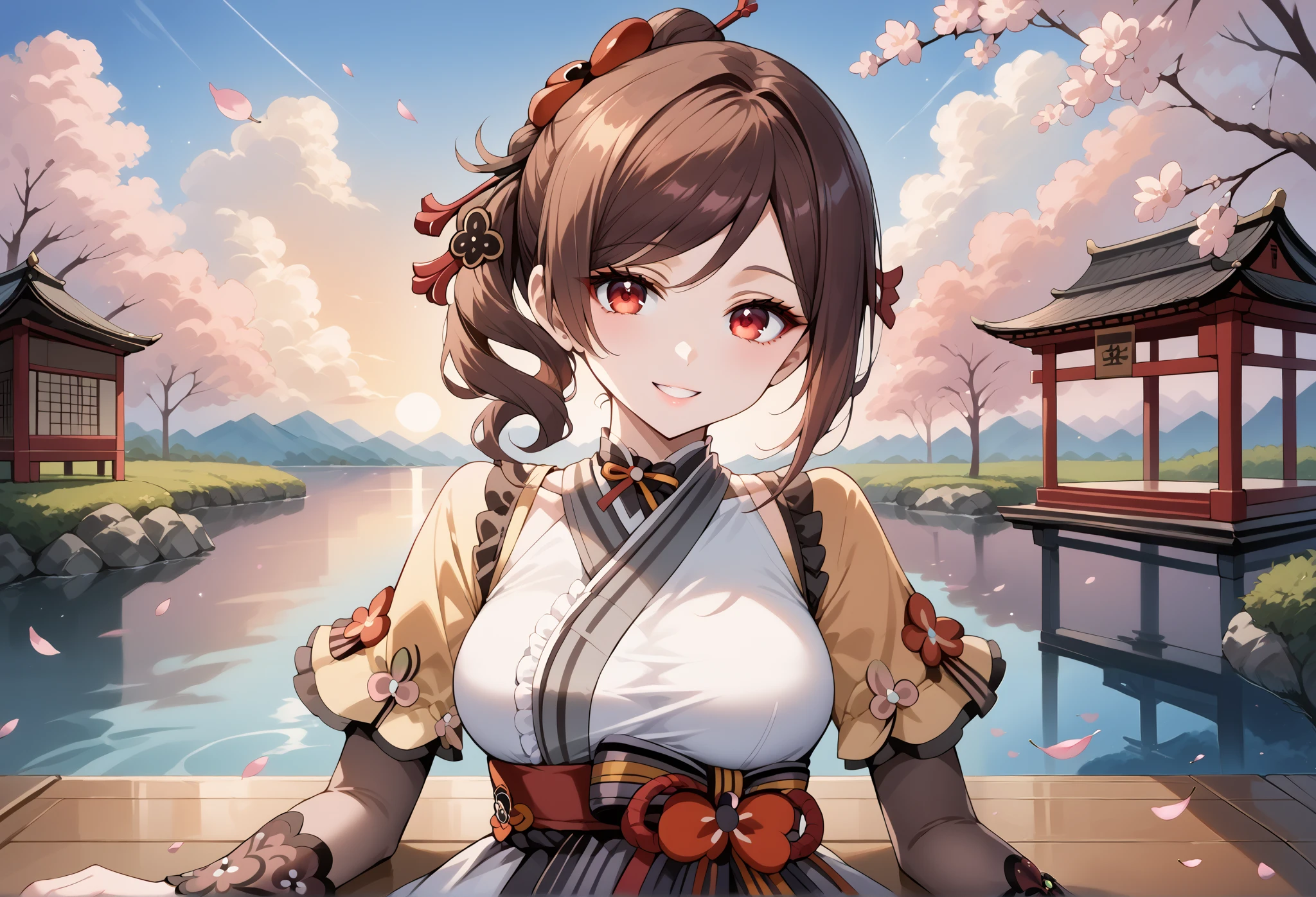 score_9, score_8_up, score_7_up, source_anime, 4K,perfect fingers,(perfect hands, perfect anatomy),prefect lighting, very aesthetic, intricate details,highly detailed background, masterpiece, high quality, best quality,
1girl,Solo,genshinchiori, chiori, brown hair, hair ornament, red eyes, hair flower, large breast,
wearing ((casual dress,frills,ornate clothing, )),,
sakura,cherry blossoms,action pose,  looking at viewer, head tilt,playful smile, looking at viewer, smile, outdoors, sky, solo focus, day, cloud,pond, across table, pov, sunset,